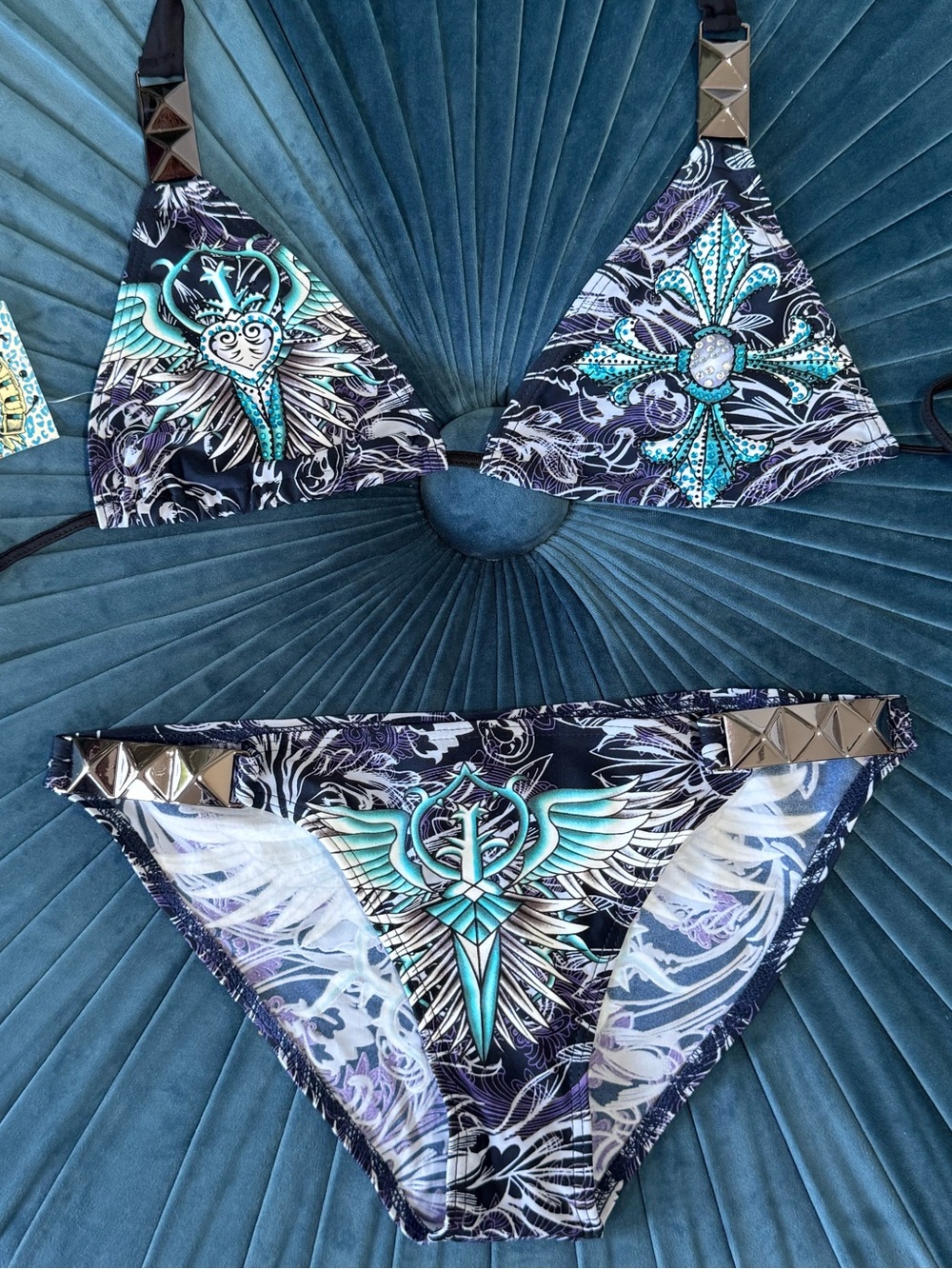 Rare Sinful by Affliction Y2K Blue, Turquoise & Black Bikini Set, Size L